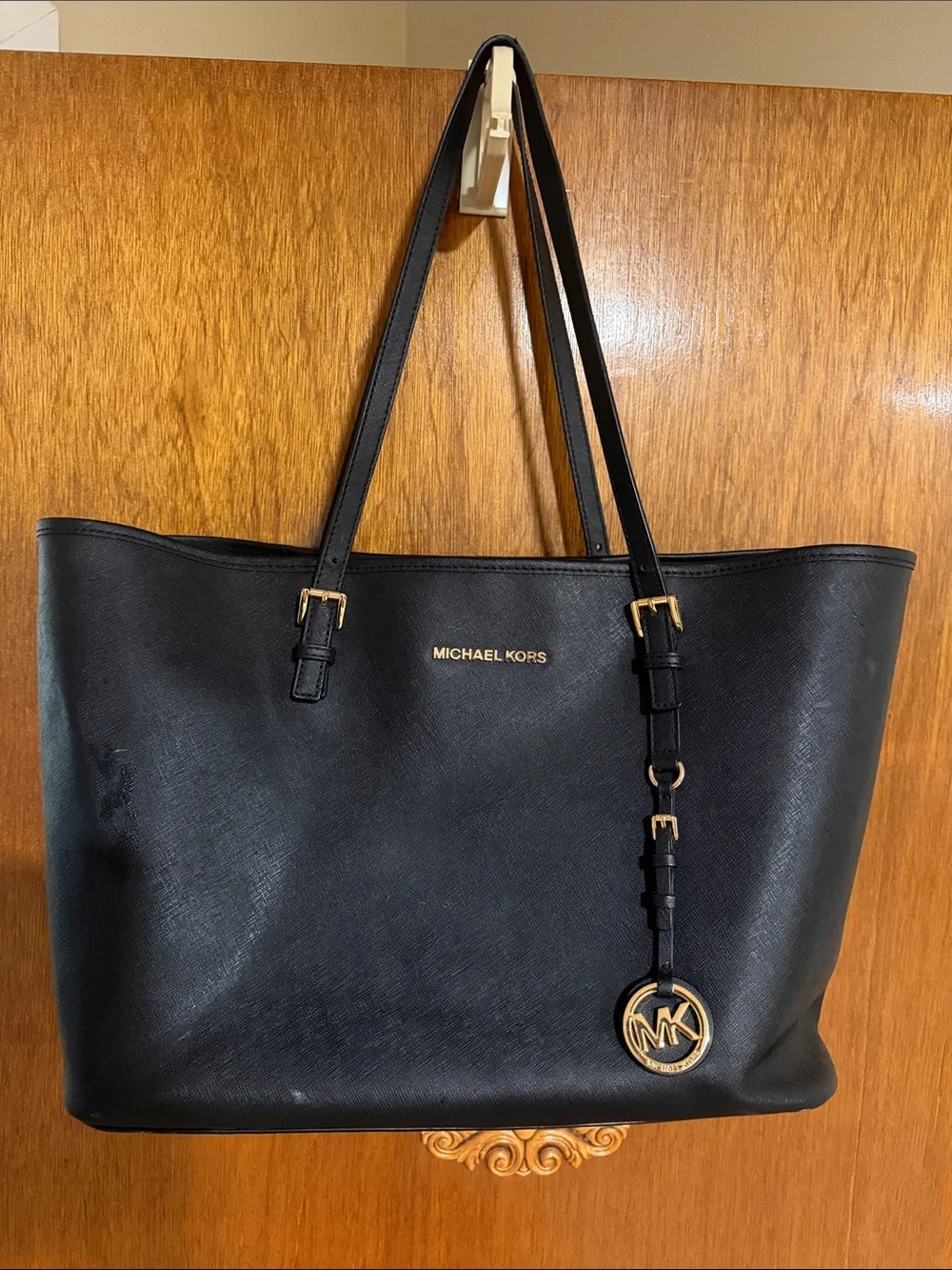 Michael Kors Black Leather Saffiano Tote with Gold Accent Charm